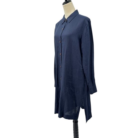 Go Silk Navy Blue 100% Linen Long Sleeves Button Front Shift Shirt Dress - Picture 2 of 13